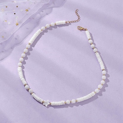 Ожерелья из натуральных белых ракушек и круглых бусин хейши, с 304 из нержавеющей стали Lobster Claw застежками