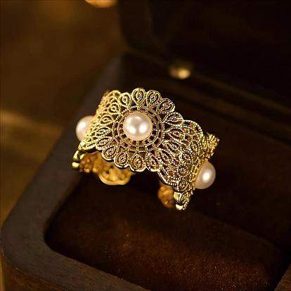 Винтажные латунные кольца-манжеты с искусственным жемчугом для женщин., цветок