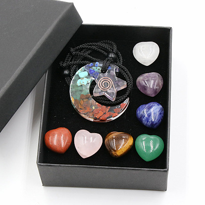 7 наборы кристаллических камней для исцеления чакры, включая 7 пальмовые камни духовной чакры сердца и 1 ожерелье с драгоценными камнями лунной звезды