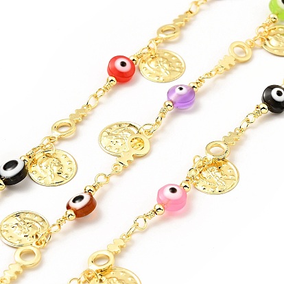 Glass Flat Round with Enamel Evil Eye Beaded Chains, with Real 18K Gold Plated Brass Coin Charms Chains Link Chain, Lead Free & Cadmium Free, Soldered, with Spool