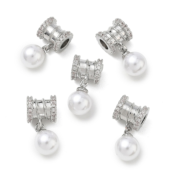 SHEGRACE Brass Micro Pave Cubic Zirconia Tube Beads, with ABS Imitation Pearl, Cadmium Free & Lead Free & Nickel Free