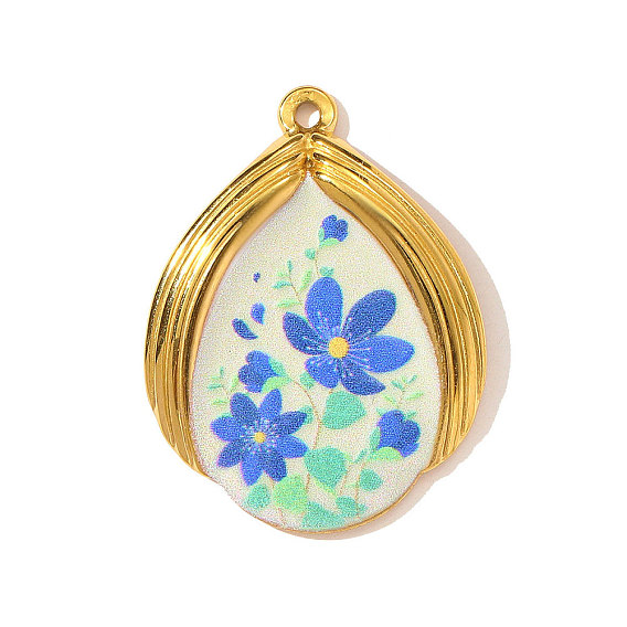 Печатные 304 подвески из нержавеющей стали, подвески-слезинки с цветочным узором, зеркальная полировка, ионное покрытие (ip), реальный 18 k позолоченный