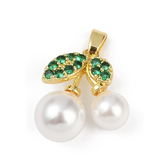 Латунные подвески с микропаве из морского зеленого кубического циркония, вишня, с ABS имитации жемчуга, без свинца и без кадмия, долговечный, стойки покрытие, реальный 18 k позолоченный