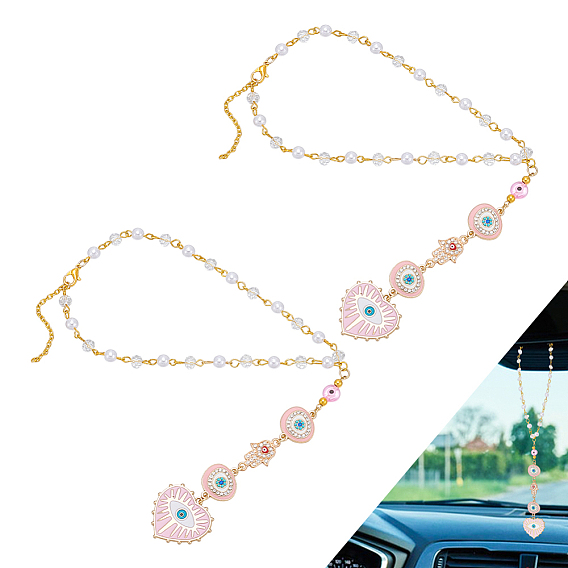 2 Ornements de voiture suspendus en alliage émaillé et en verre faits à la main contre le mauvais œil, avec des chaînes de fer, cœur