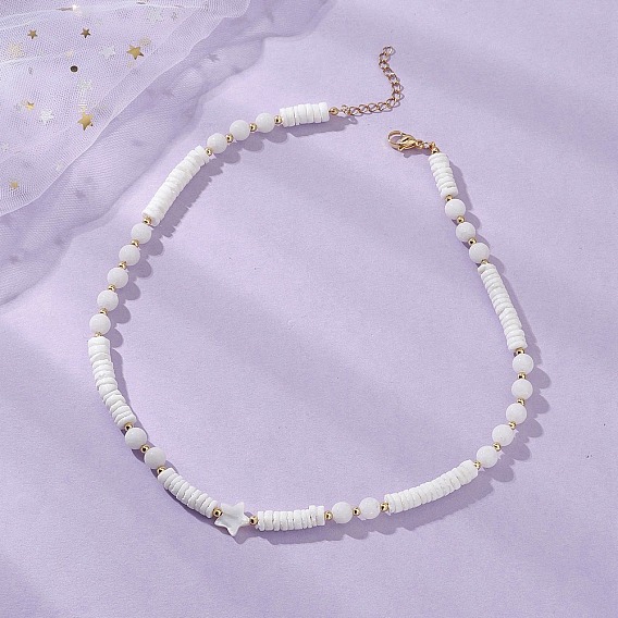 Ожерелья из натуральных белых ракушек и круглых бусин хейши, с 304 из нержавеющей стали Lobster Claw застежками