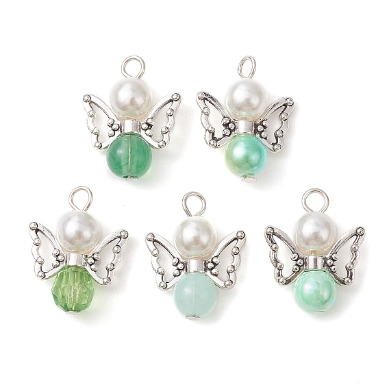 Imitation Pearl Acrylic Pendants, with Alloy Wings and Glass Beads, Angel