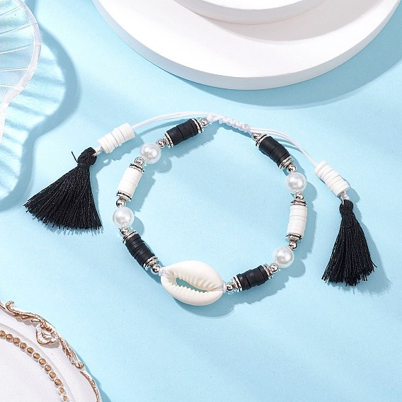 Браслеты из плетеных бусин из натуральной ракушки каури, браслеты из круглых плоских бусин из полимерной глины ручной работы для женщин, с абс пластиковой имитации жемчужина круглые бусины