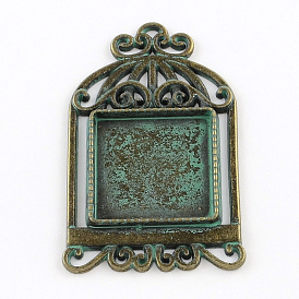 Birdcage with Square Zinc Alloy Pendant Cabochon Settings, Cadmium Free & Nickel Free & Lead Free, 48x29x2.5mm, Tray: 20x20mm