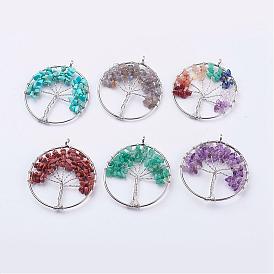 Gemstone Chips Big Pendants, with Platinum Tone Brass Findings, Tree of Life