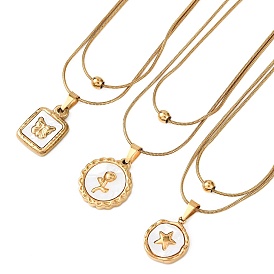 304 Двухслойное ожерелье из нержавеющей стали с квадратным диском из натуральной белой раковины., золотые