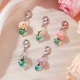 Подвесные украшения из смолы и стеклянных бусин, Сплав с застежками когтя омара, цветочный горшок