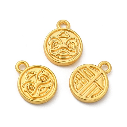 Alloy Charms, Flat Round with Dancing Lion & Word Pattern
