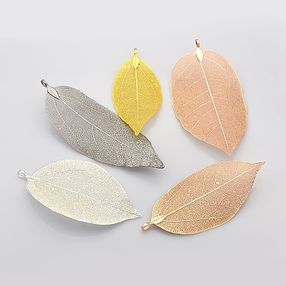 Natural Leaf Plating Brass Big Pendants, Nickel Free