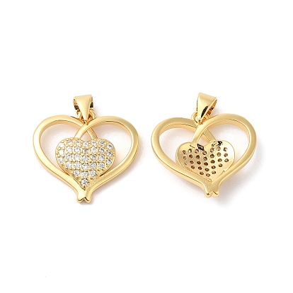 Brass Micro Pave Clear Cubic Zirconia Pendants, Cadmium Free & Lead Free, Heart Charms