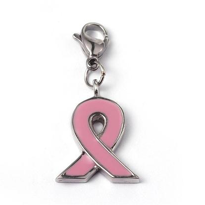 316 Surgical Stainless Steel Enamel Pendants, Breast Cancer October Breast Cancer Pink Awareness Ribbon, with Words