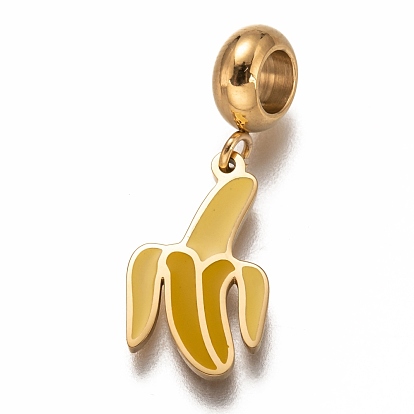 304 Stainless Steel European Dangle Charms, Large Hole Pendants, with Gold Enamel, Banana