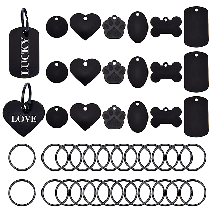 24шт 6 стиль алюминиевые подвески, любимая бирка, с железными кольцами для ключей 24шт., прямоугольник и кость и плоский круглый