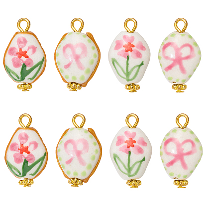 8Pcs 4 Styles Handmade Porcelain Pendants, with Iron Findings, Oval with Flower & Bowknot Pattern Charms