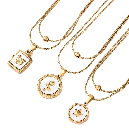 304 Двухслойное ожерелье из нержавеющей стали с квадратным диском из натуральной белой раковины., золотые