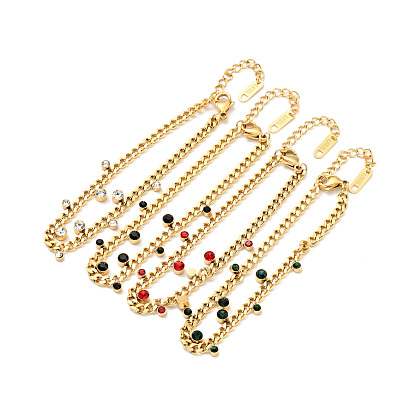 Rhinestone Charms Bracelet with Curb Chains, Gold Plated 304 Stainless Steel Jewelry for Women