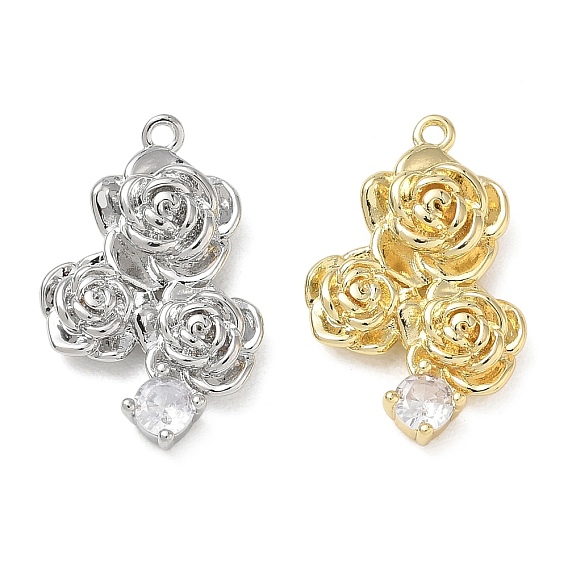 Brass Micro Pave Clear Cubic Zirconia Pendants, Triple Rose Charms