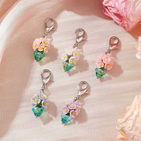 Подвесные украшения из смолы и стеклянных бусин, Сплав с застежками когтя омара, цветочный горшок