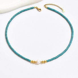 Synthetic Turquoise Column & Natural Pearl Beaded Necklace