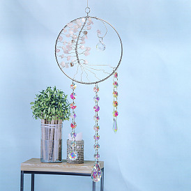 Glass Teardrop Pendant Decorations, Gemstone Chips Tree of Life Hanging Suncatchers, with Metal Findings and Octagon Glass Link, for Home Ornaments
