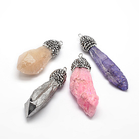 Nuggets Natural Druzy Crystal Big Pendants, with Polymer Clay Rhinestone and Platinum Tone Brass Findings, 46~60x12~19x6~18mm, Hole: 1.5mm