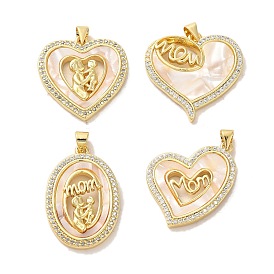 Mother's Day Brass Micro Pave Clear Cubic Zirconia Pendants, Real 16K Gold Plated, with Shell
