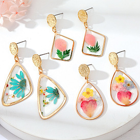 Vintage Transparent Irregular Geometric Colorful Flower Earrings for Women, Rural Style Jewelry