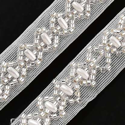 Polyester Flower Lace Trims, with ABS Imitation Pearl Beads and Glass