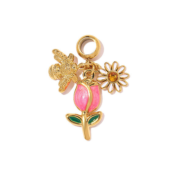 304 нержавеющей стальной эмали подвески, талисман из ромашек и пчелок, со стразами, долгоиграющий, ионное покрытие (ip), реальный 18 k позолоченный