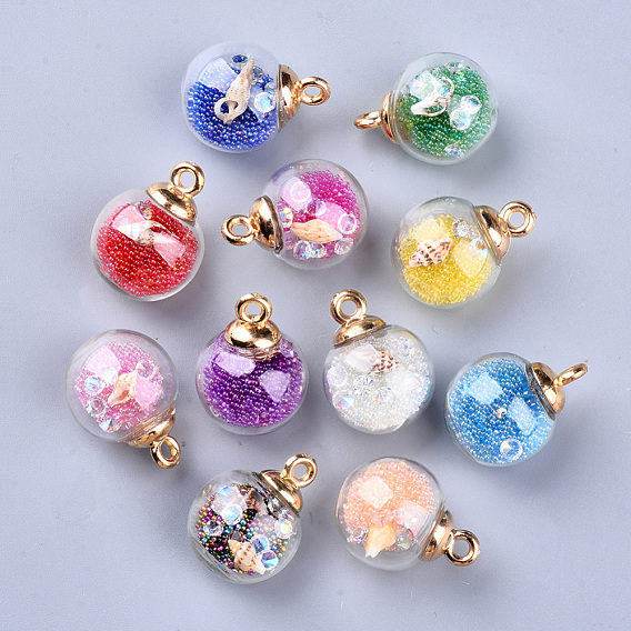Transparent Glass Globe Pendants, with Resin & Resin Rhinestone & Conch Shell & Glass Micro Beads inside, Plastic CCB Pendant Bails, Round, Golden