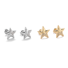 Brass Micro Pave Clear Cubic Zirconia Stud Earrings, with Ear Nuts, Long-Lasting Plated, Star
