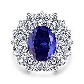 Blue Sapphire Gemstone Ring - High Carbon Diamond S925 Silver Jewelry for Women, Unique and Luxurious Hand Accessory