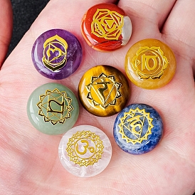 7Pcs Chakra Natural Tumbled Gemstone with Carved Rune Words, Engraved Elder Futhark Alphabet Divination Stone, Flat Round
