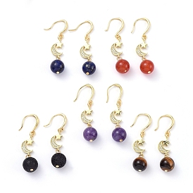 Gemstone Round Beads Dangle Earrings, with Brass Micro Pave Cubic Zirconia Links, Brass Earring Hooks and Jewelry Box, Moon
