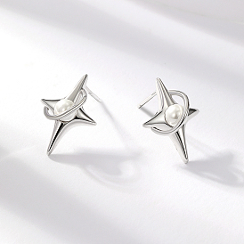 S925 Sterling Silver Star Stud Earrings, with Imitation Pearl