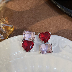 Asymmetric red love earrings women's high-end sense niche earrings temperament crystal earrings all-match