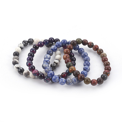 Natural Picasso/Sodalite/Dragon Veins Agate/Zebra Jasper Stretch Bracelets Sets, Round