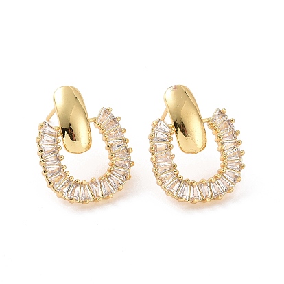 Clear Cubic Zirconia Hollow Out Oval Dangle Stud Earrings, Brass Jewelry for Women