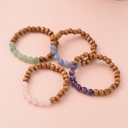 Round Wood Beaded Stretch Bracelets, with Natural Gemstone Beads, 61mm