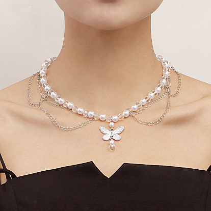 Double-layer high-gloss imitation pearl tassel love butterfly cross necklace - European and American jewelry.
