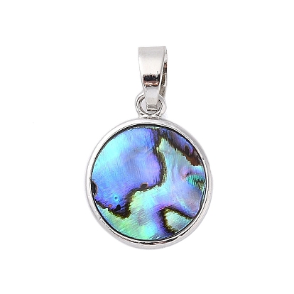Rack Plating Natural Paua Shell Pendants, Flat Round Brass Charms, Long-Lasting Plated