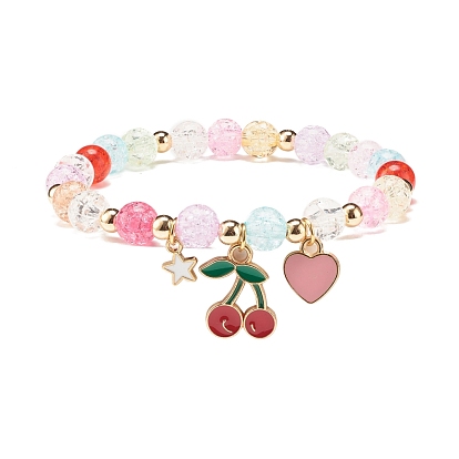Candy Color Round Beaded Stretch Bracelet with Heart Cherry Charm for Women
