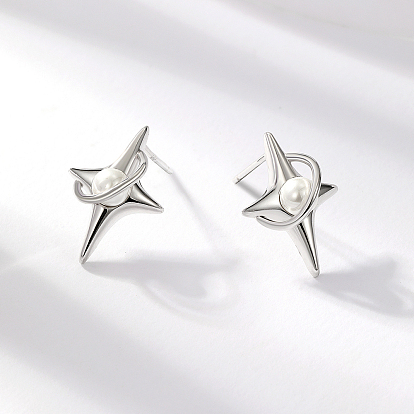 S925 Sterling Silver Star Stud Earrings, with Imitation Pearl