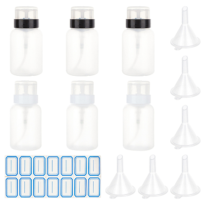 Empty Plastic Press Pump, Nail Polish Remover Clean Liquid Water Storage Bottle, with Plastic Funnel Hopper and Label Paster