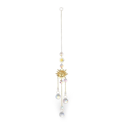 Glass Teardrop Big Pendant Decorations, Hanging Suncatchers, with Octagon Glass Beads and Sun/Moon Brass Link, for Home Window Decoration