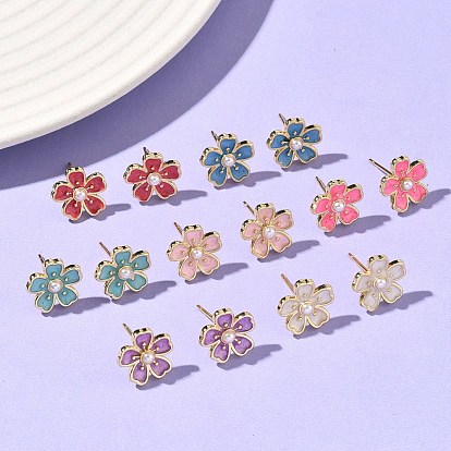 Серьги-гвоздики с цветочным рисунком из латуни и АБС-пластика с жемчугом, с эмалью, без кадмия и без свинца, долговечный, стойки покрытие, реальный 18 k позолоченный